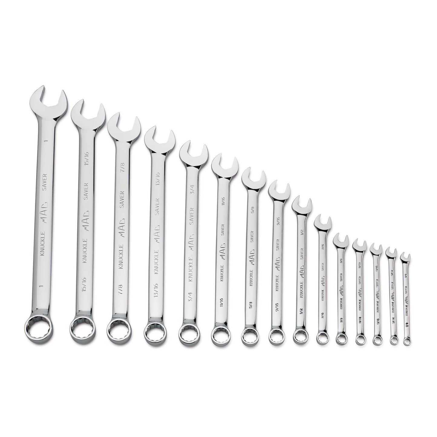 15-PC. SAE Knuckle Saver Combination Wrench Set - 12-PT.