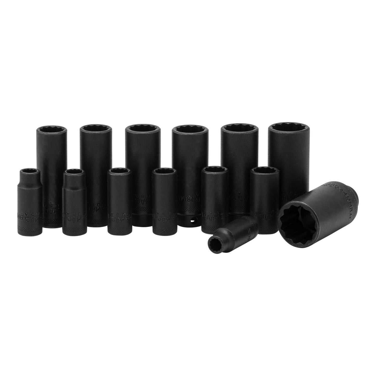 Socket Set, Deep Impact Metric in Metal Tray 3/8" Drive - 14-PC. – 12-PT.